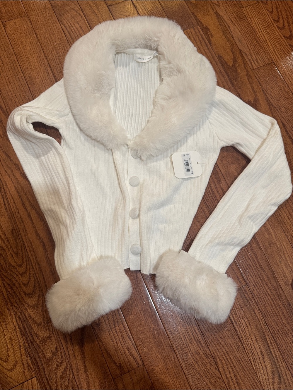 Altar'd State White Faux Fur-Trim Ribbed Cardigan